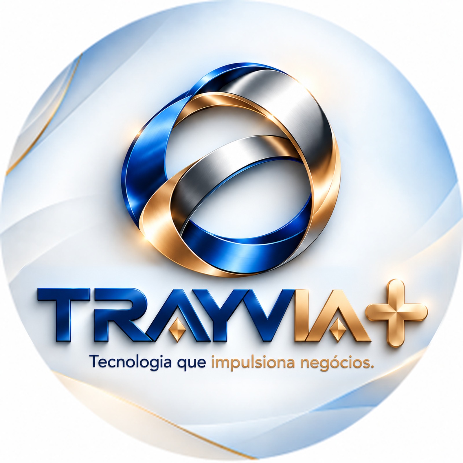 Logo da TRAYVIA+ com o símbolo de anéis entrelaçados em azul, prata e dourado